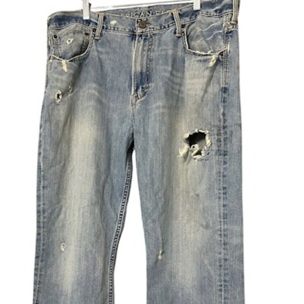American Eagle Distressed Blue Denim Jeans-5 Pocket-Size 38x32-Zip & Button Fly
